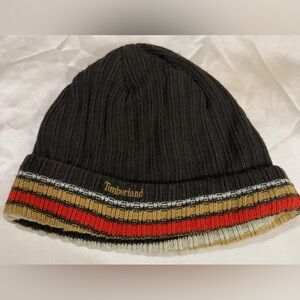 Timberland Black Ribbed Beanie with Red, Tan & Cream Striped Trim